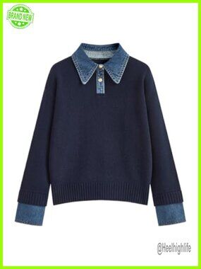 Oversized Long Sleeve Sweater with Denim Panel Polo Collar Knit Pullover